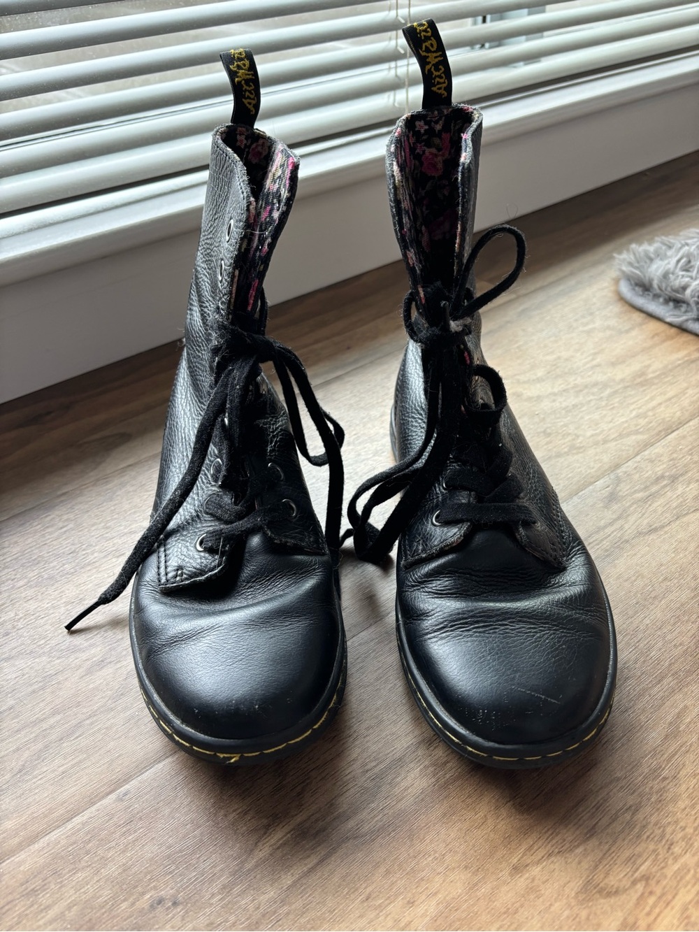 Dr. Martens Black Leather Lace-Up Ankle Boots with Floral Lining